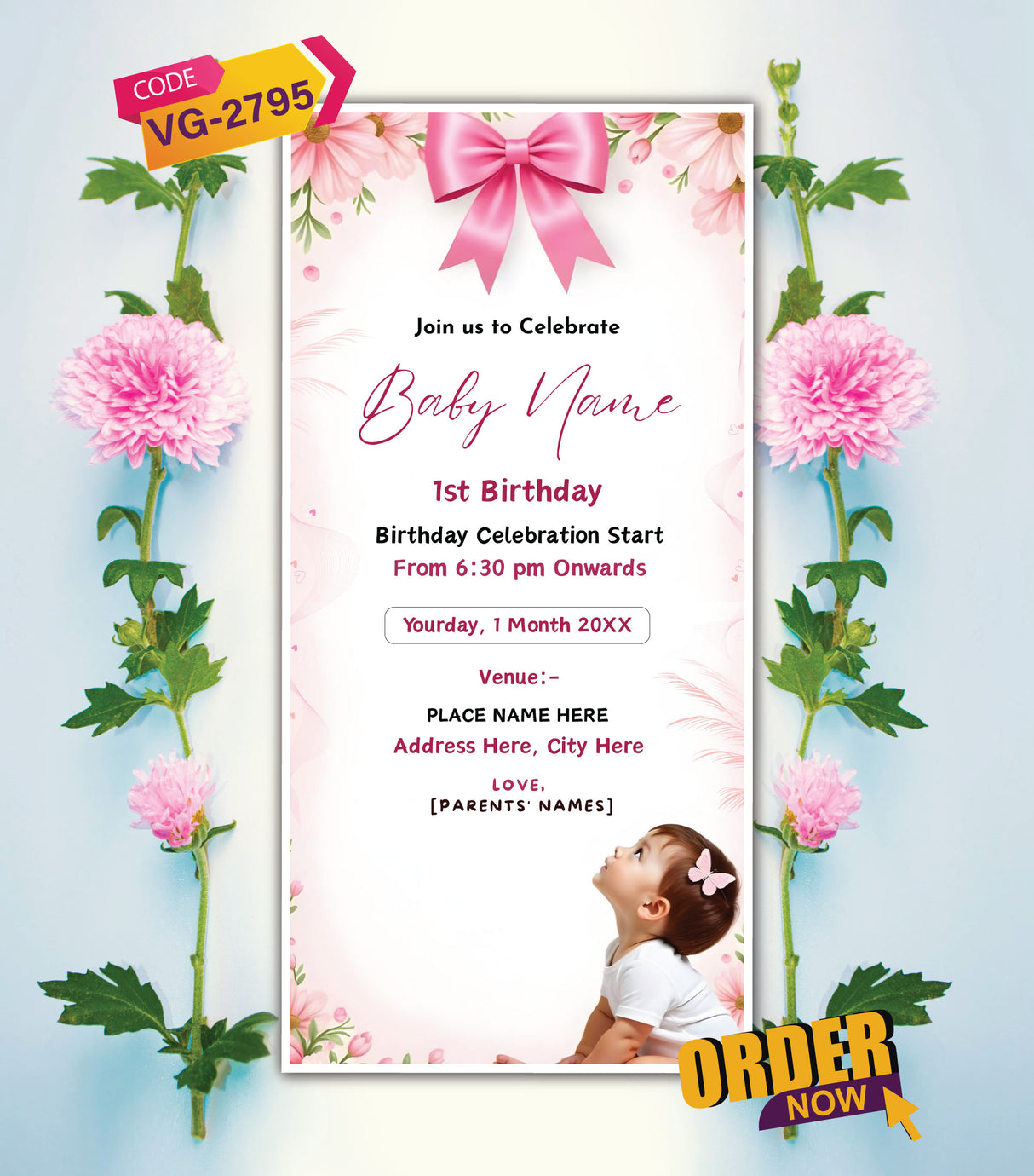 1st Birthday Invitation Card for Baby Girl