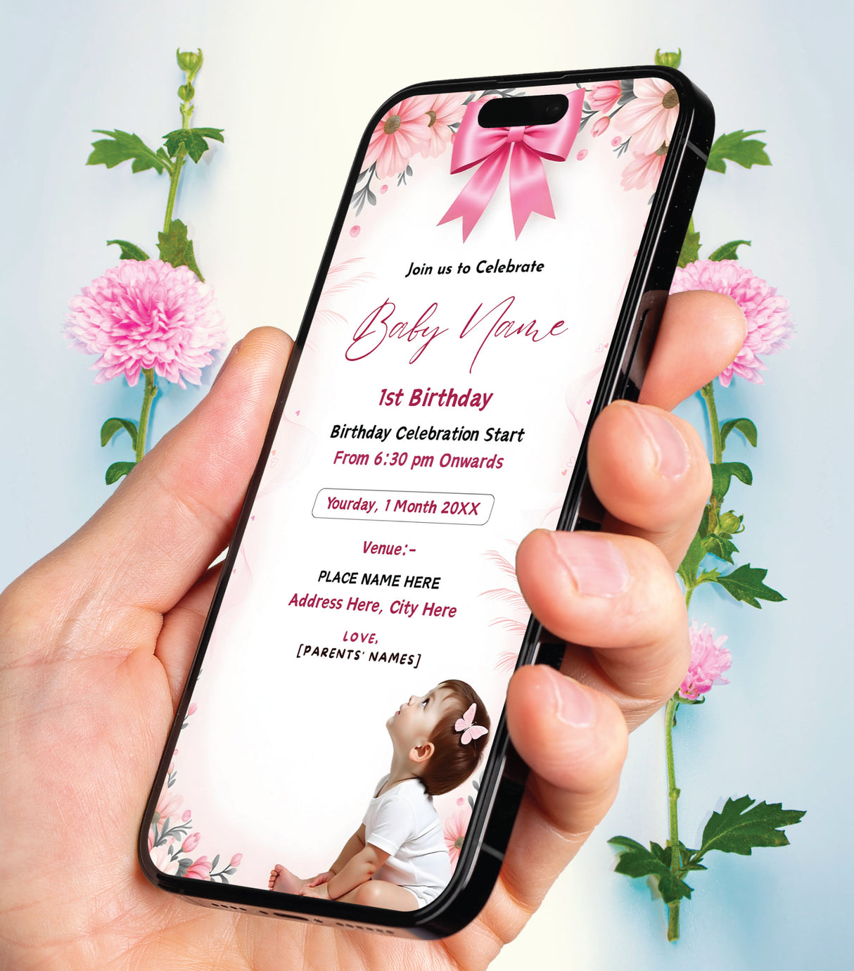 1st Birthday Invitation Card for Baby Girl