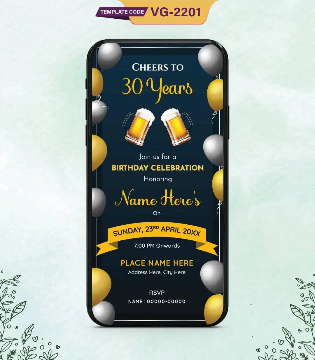 30th Birthday Invitations Card | Cheers & Celebration Themed Invite | VG-2201 - VideoGiri