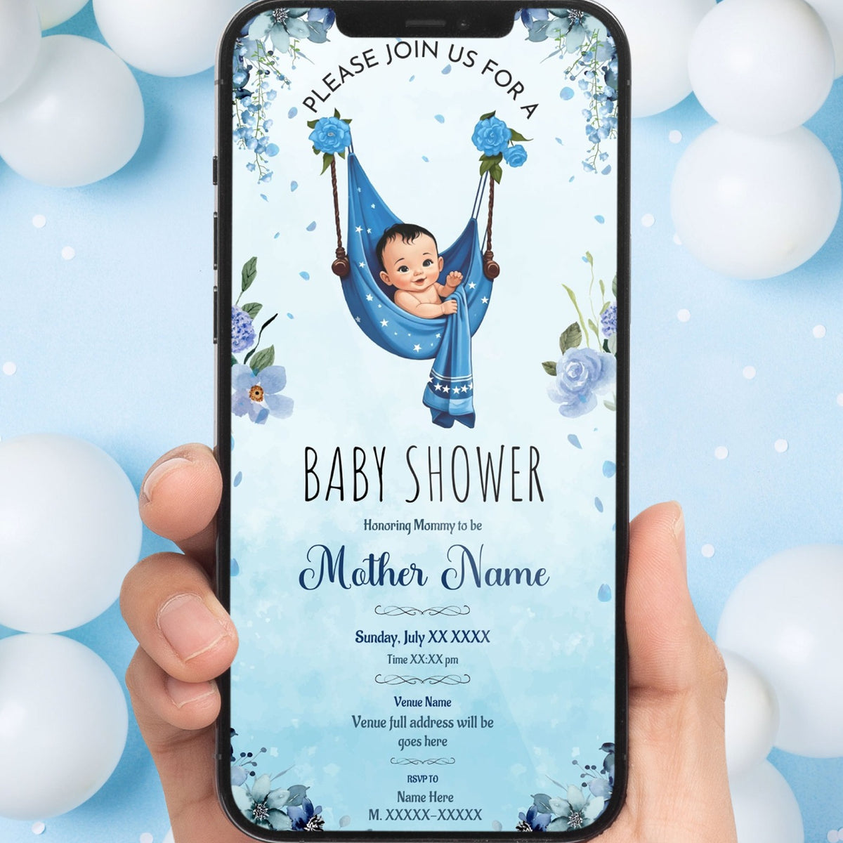Baby Shower Invitation Blue Floral Theme Baby Boy Invite VG-2749
