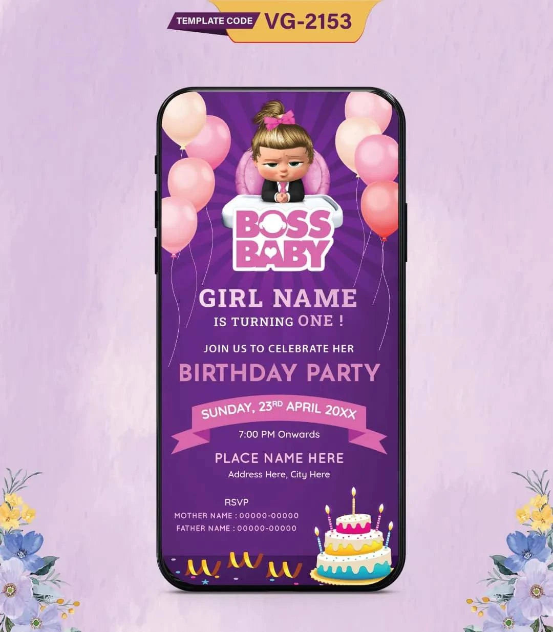 Boss Baby Girl First Birthday Invitation