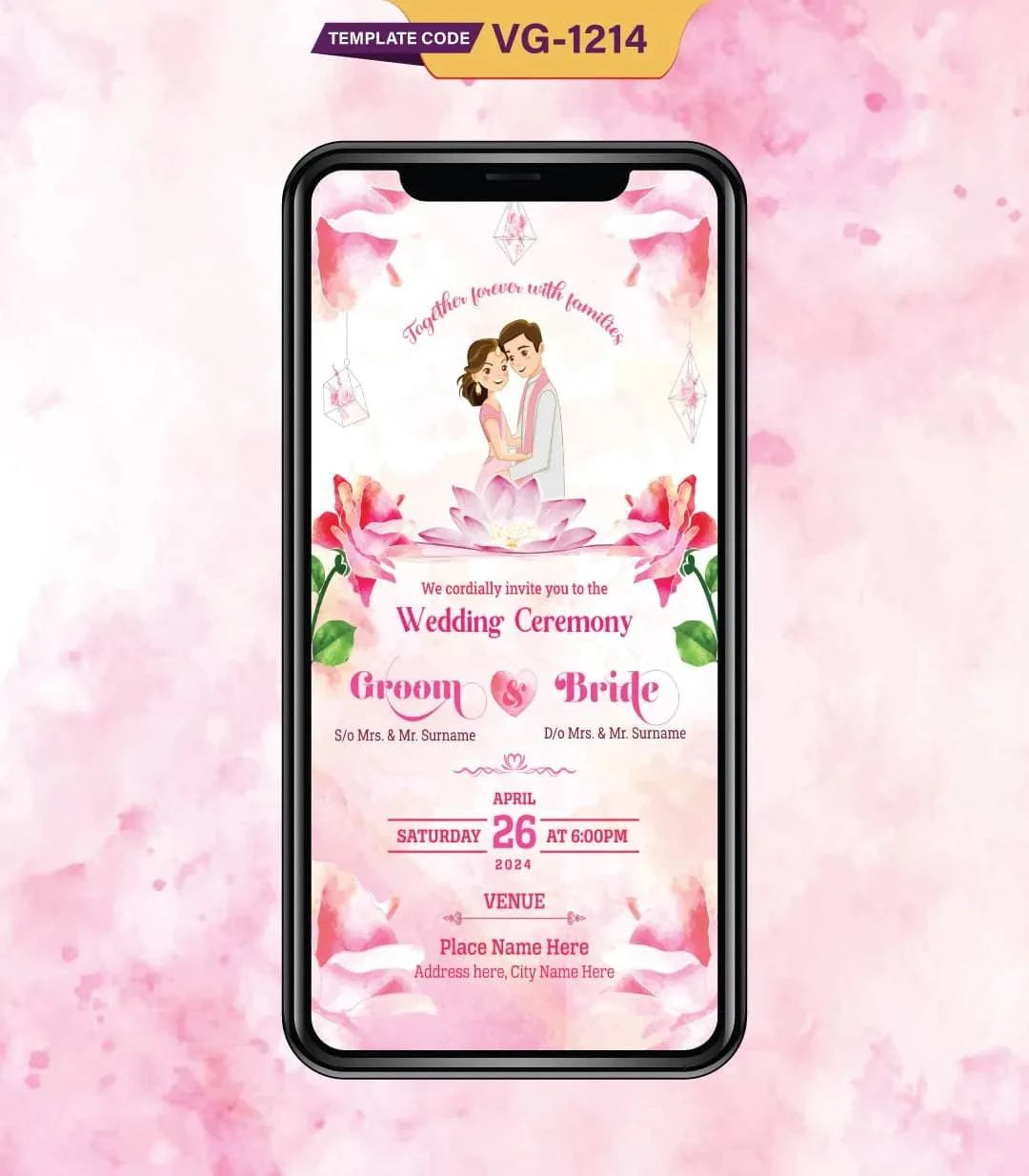 Cartoon Floral Wedding Ceremony Invitation Card