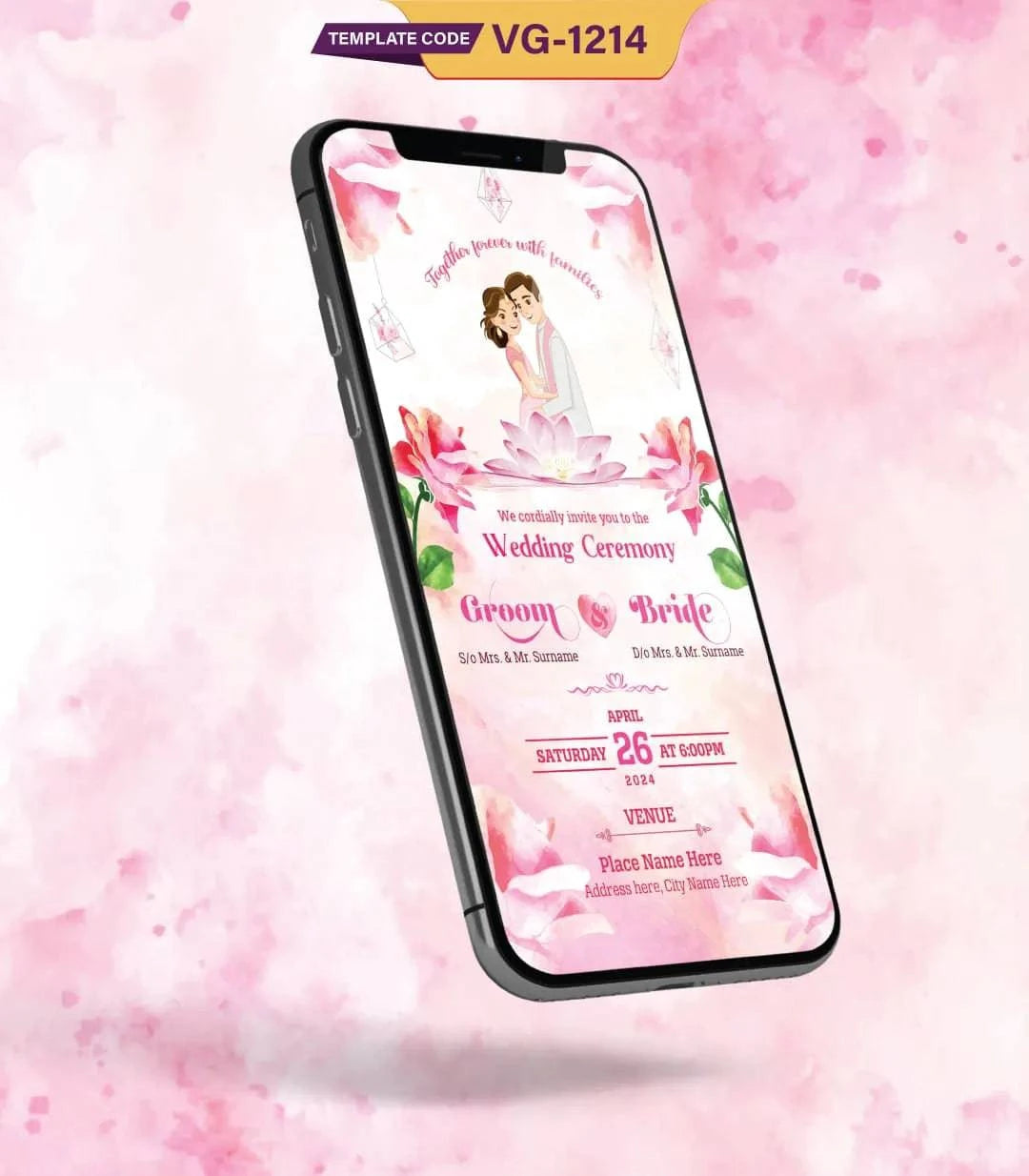 Cartoon Floral Wedding Ceremony Invitation Card