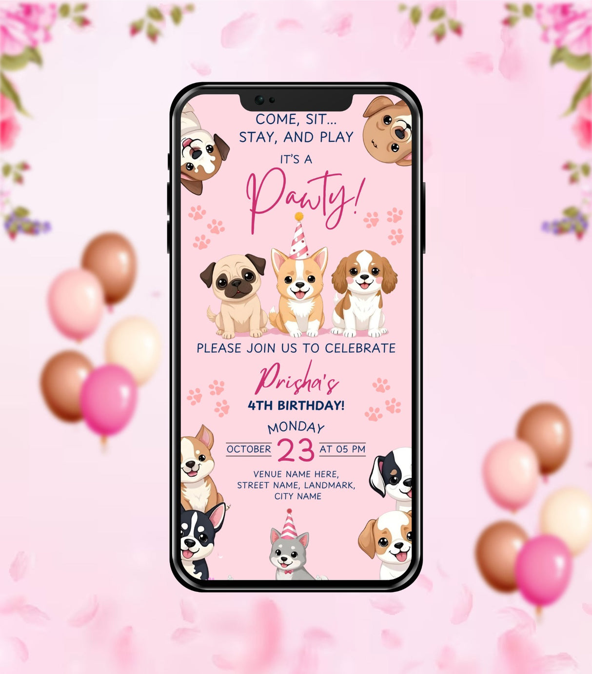 Cute Puppy Theme Birthday Party Invitation