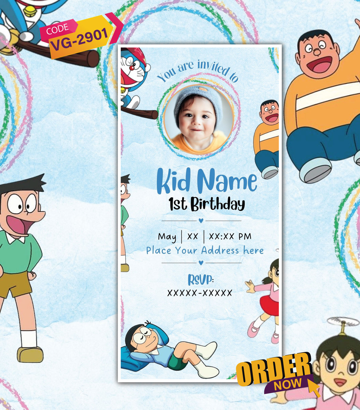 Doraemon Theme 1st Birthday Invitation Card