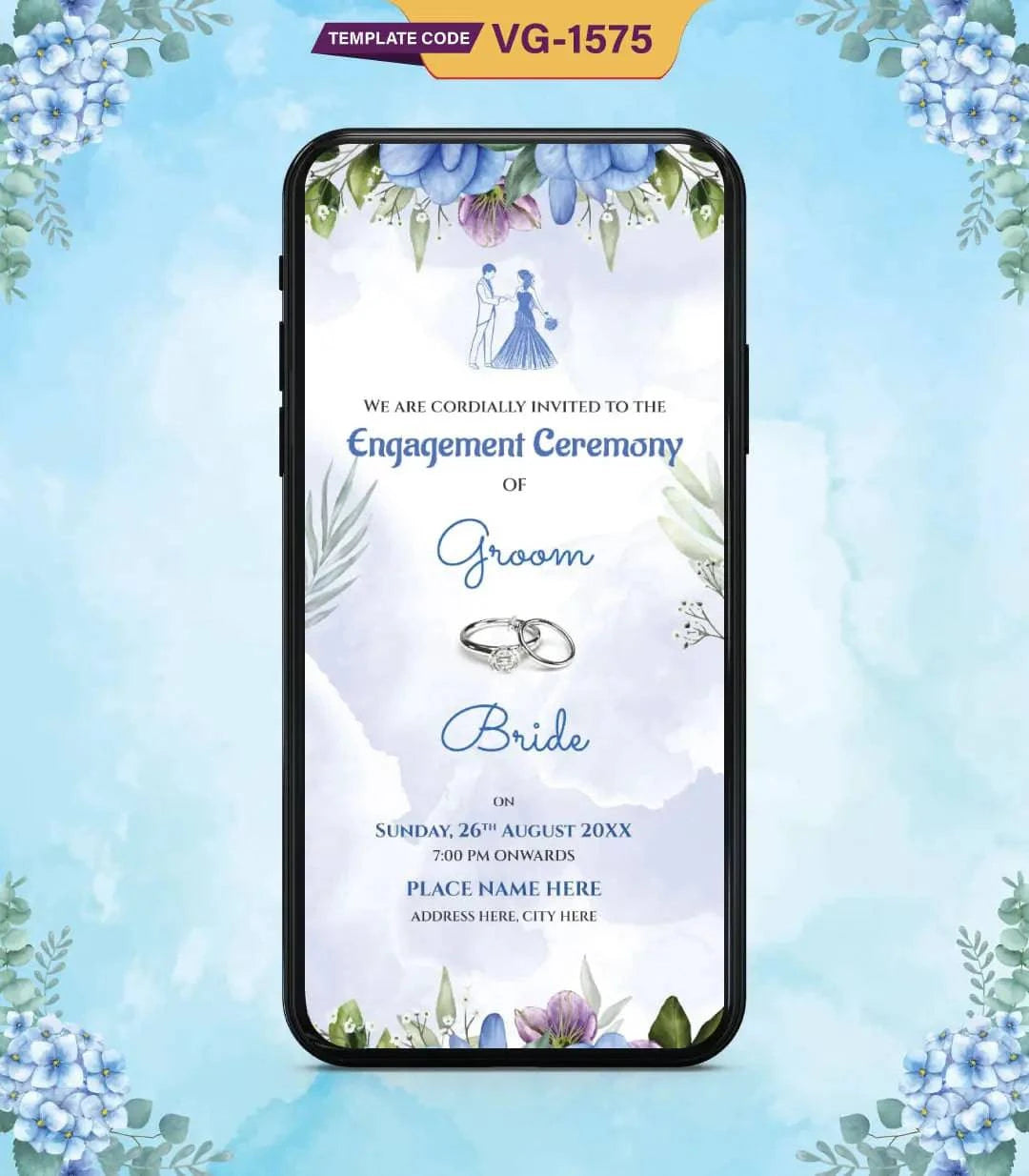 Elegant Blue Floral Engagement Ceremony Invitation