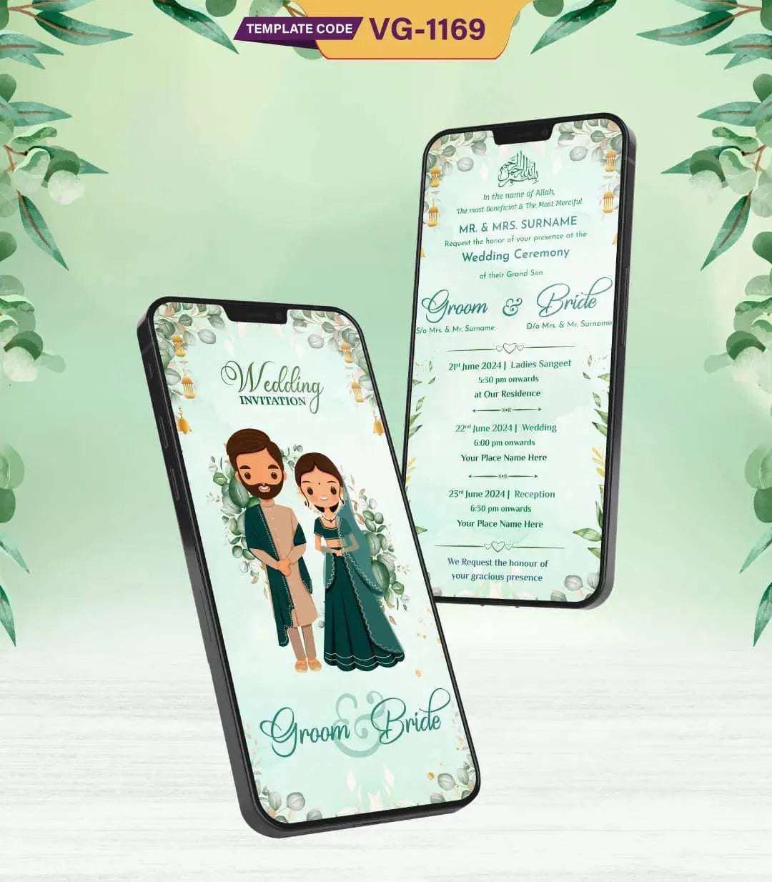 Floral Muslim Cartoon Couple Wedding Invitation Card