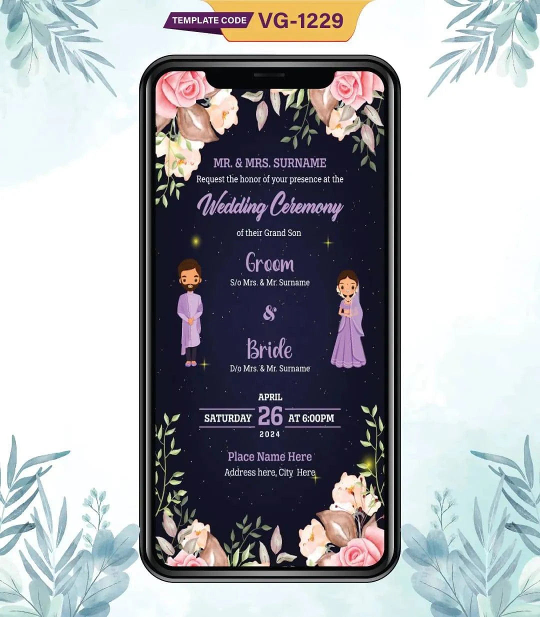 Floral Cartoon Couple Wedding Invitation