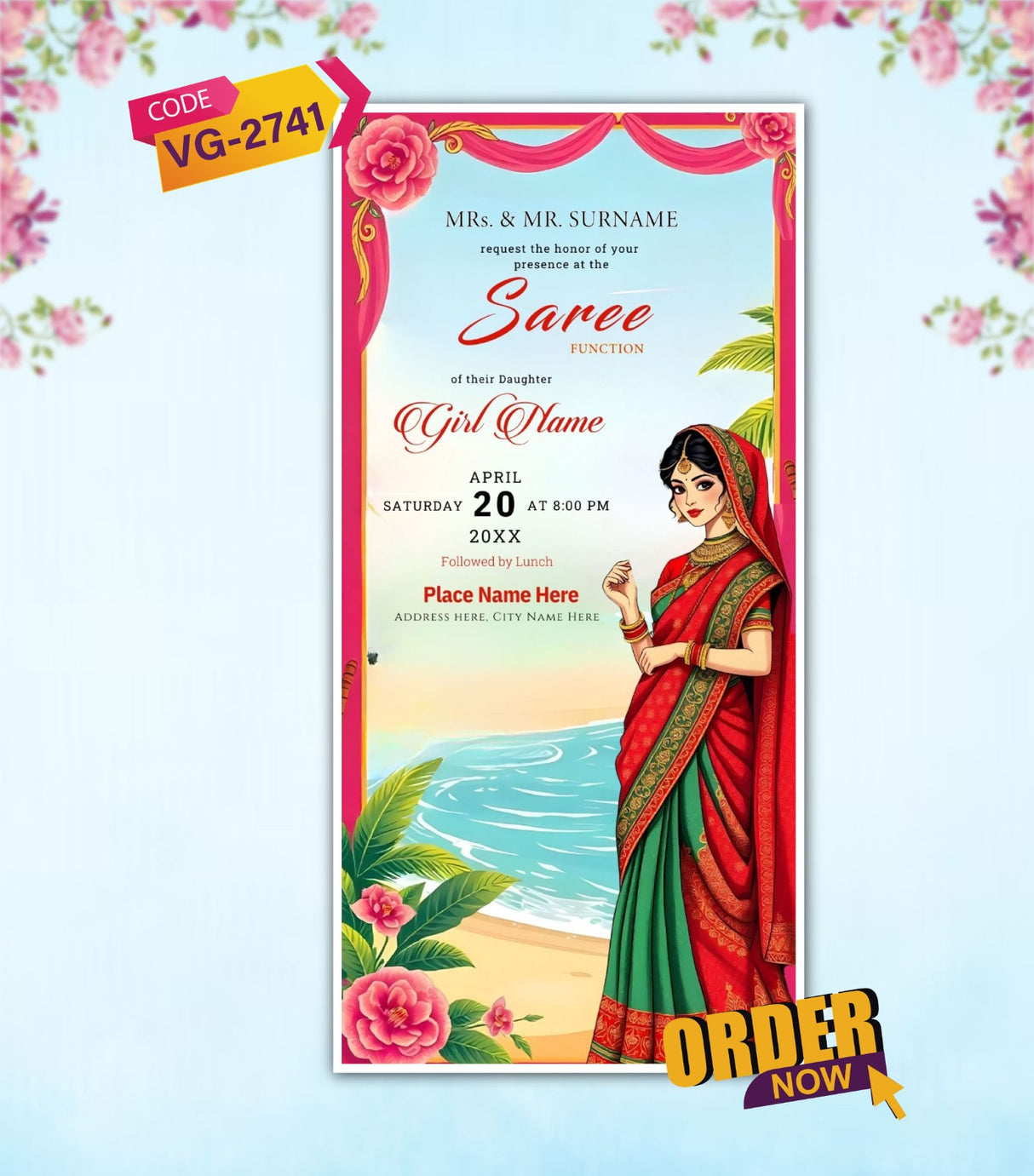 Half Saree Function Invitation | Traditional Saree Celebration Card | VG-2741 - VideoGiri