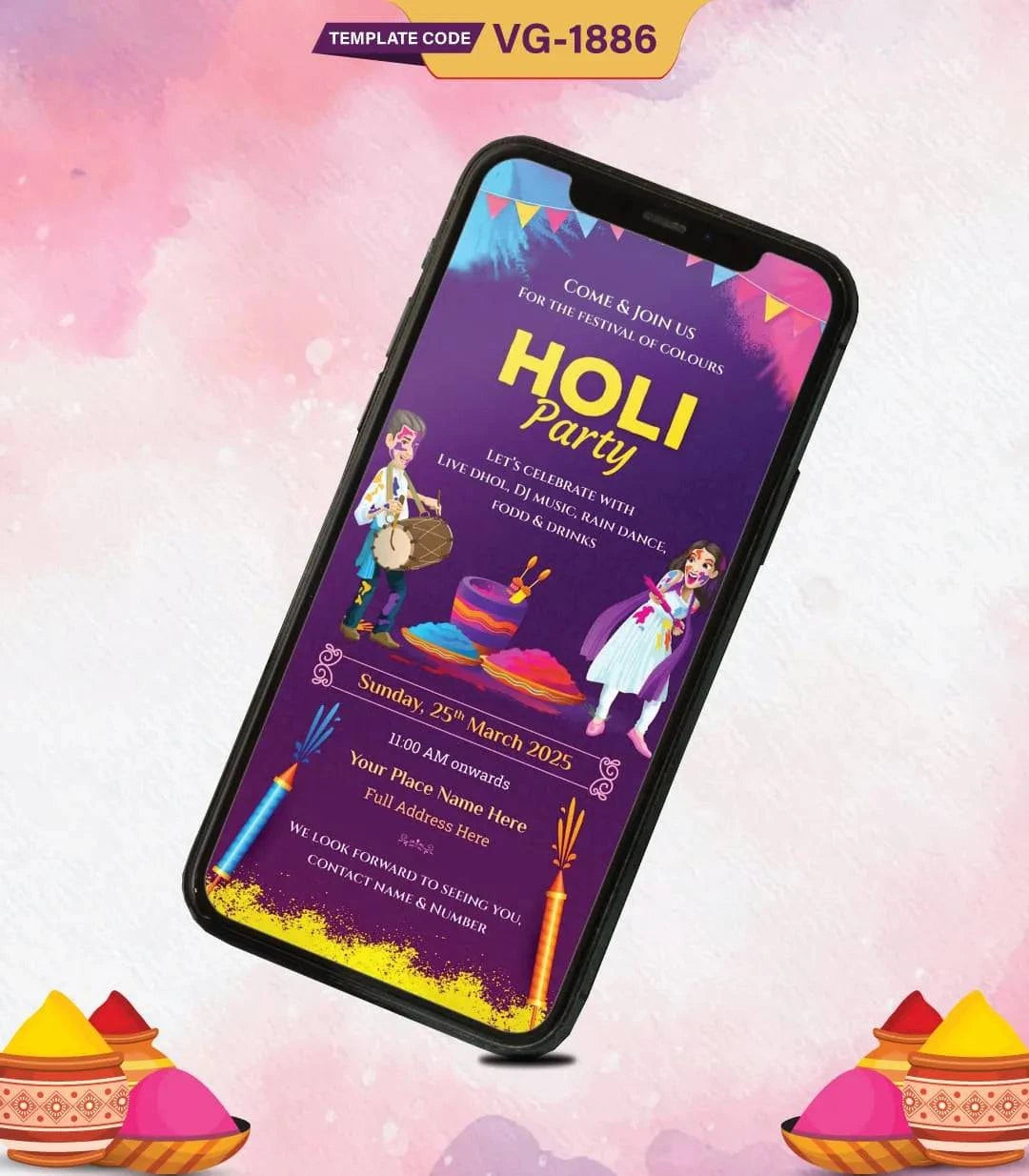 Holi Party Invitation Card | VG-1886 - VideoGiri