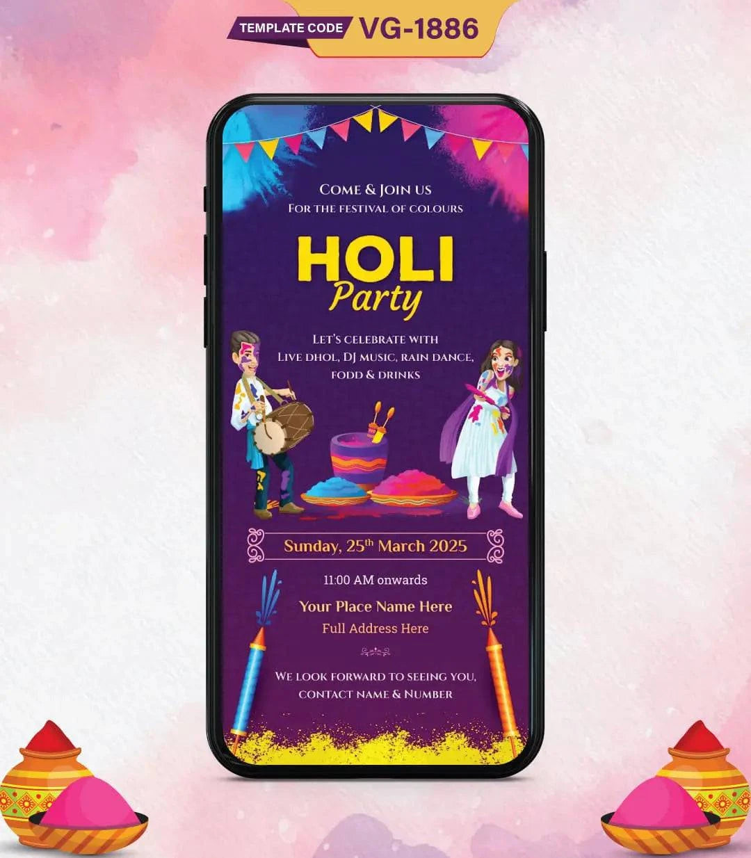 Holi Party Invitation Card | VG-1886 - VideoGiri