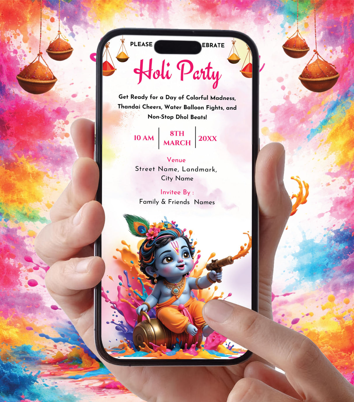 Holi Party Invitation with Bal Krishna Theme