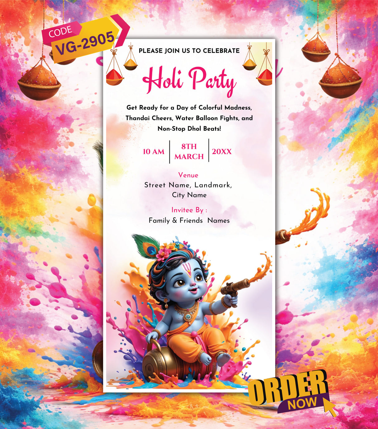 Holi Party Invitation with Bal Krishna Theme