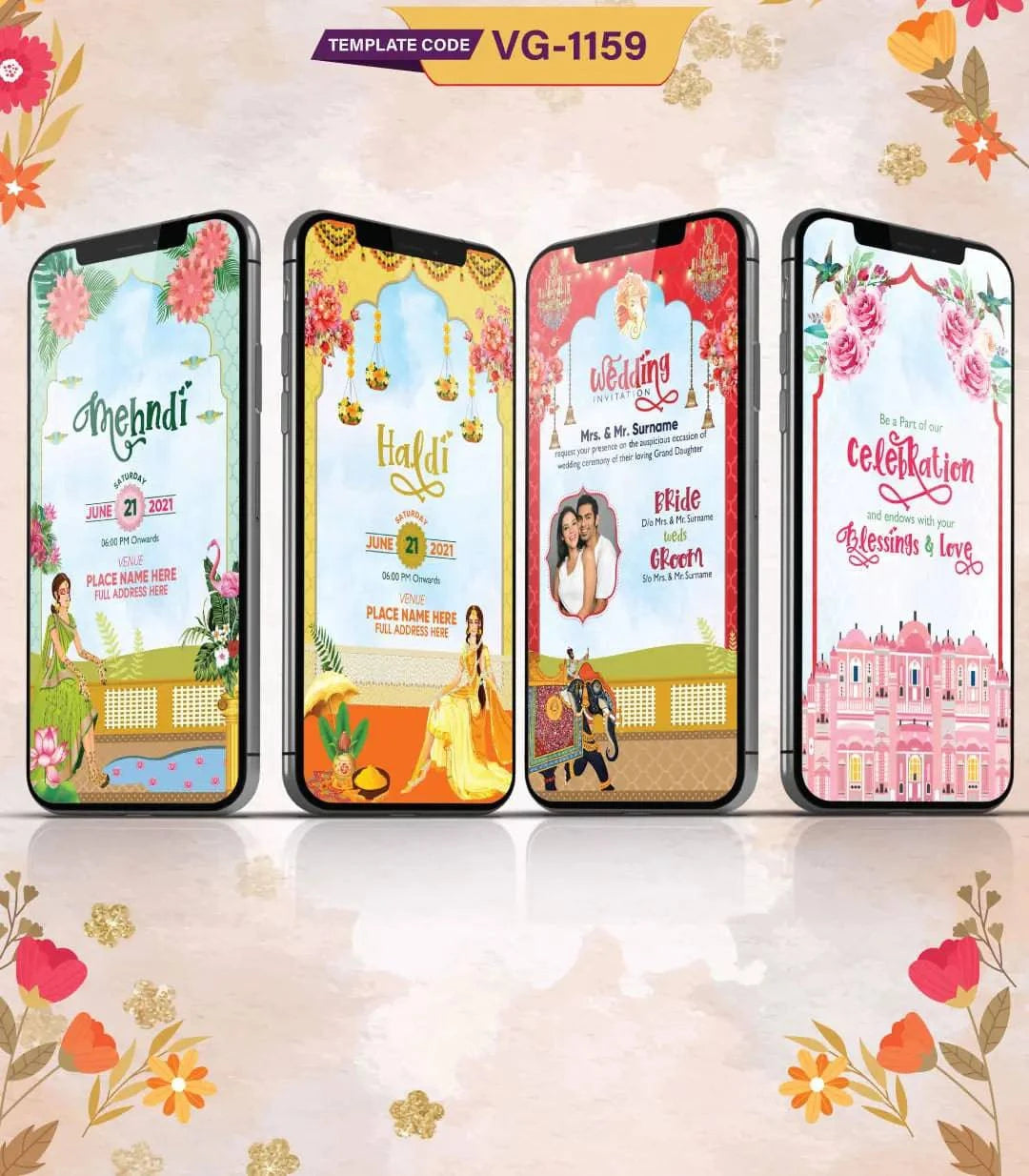 Indian Bridal Mehndi Haldi And Wedding Invite Card