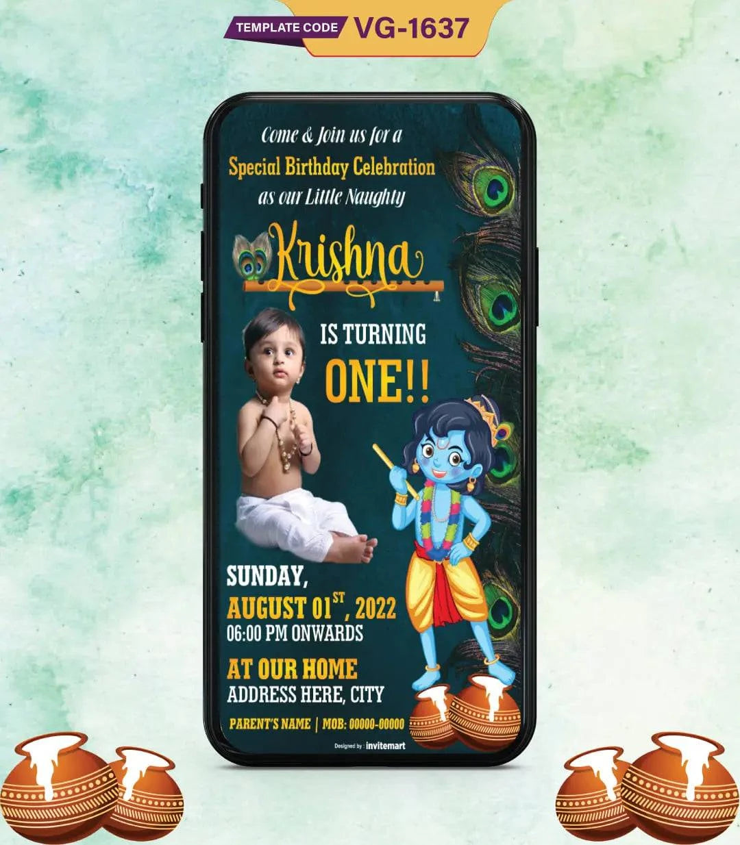 Little Krishna Birthday Invitation Card