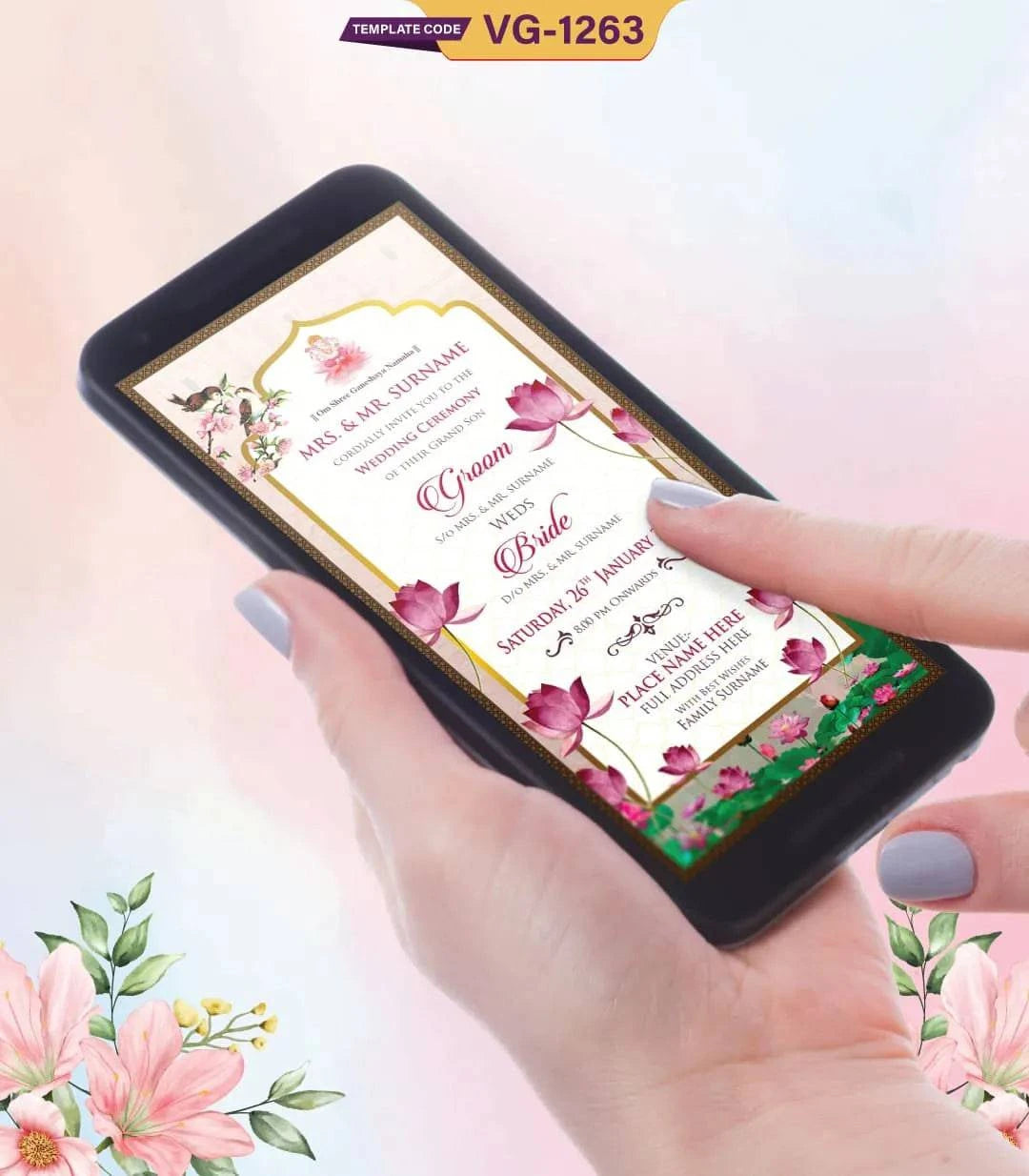 Lotus Theme Wedding Invitation Card