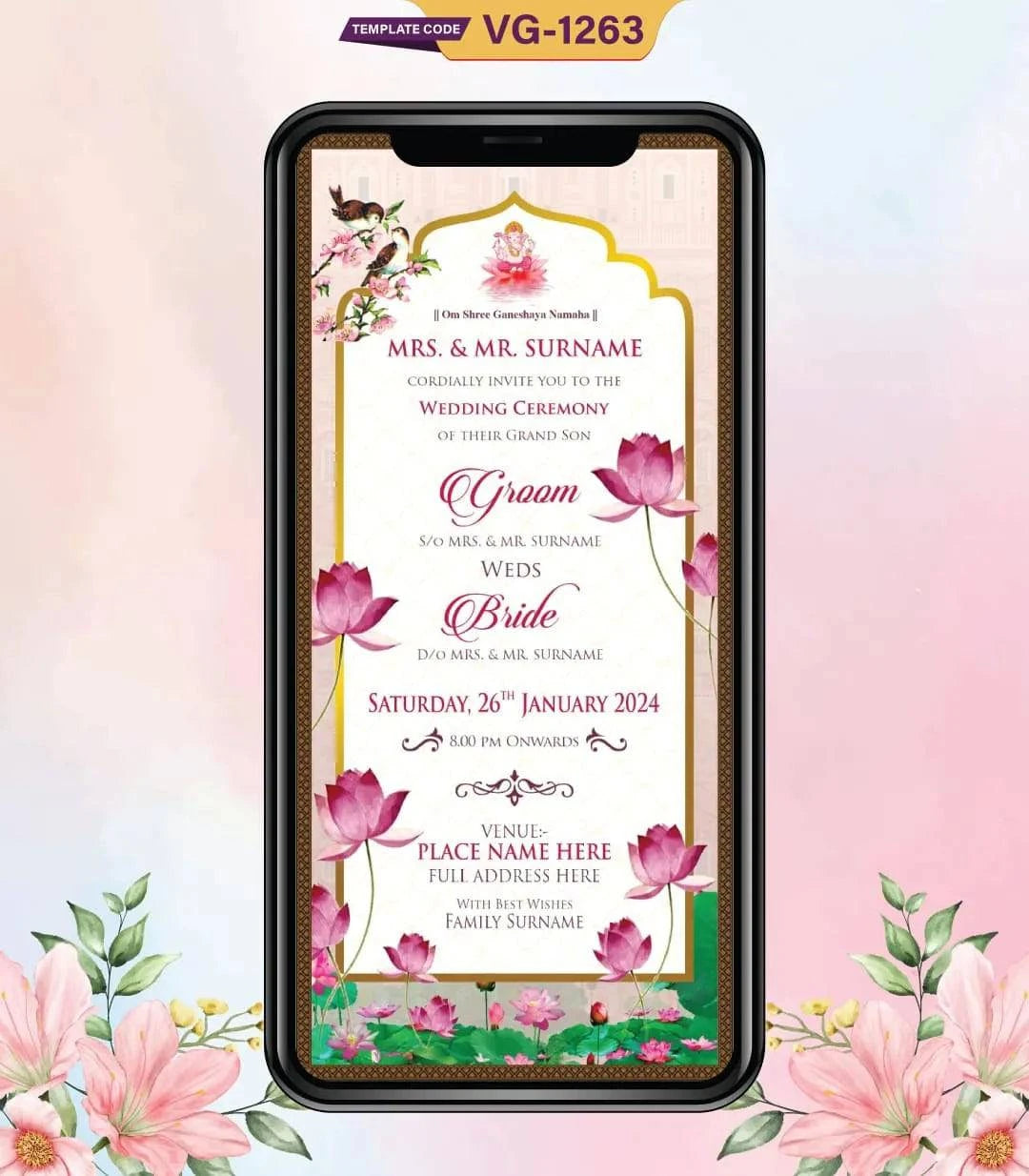 Lotus Theme Wedding Invitation Card