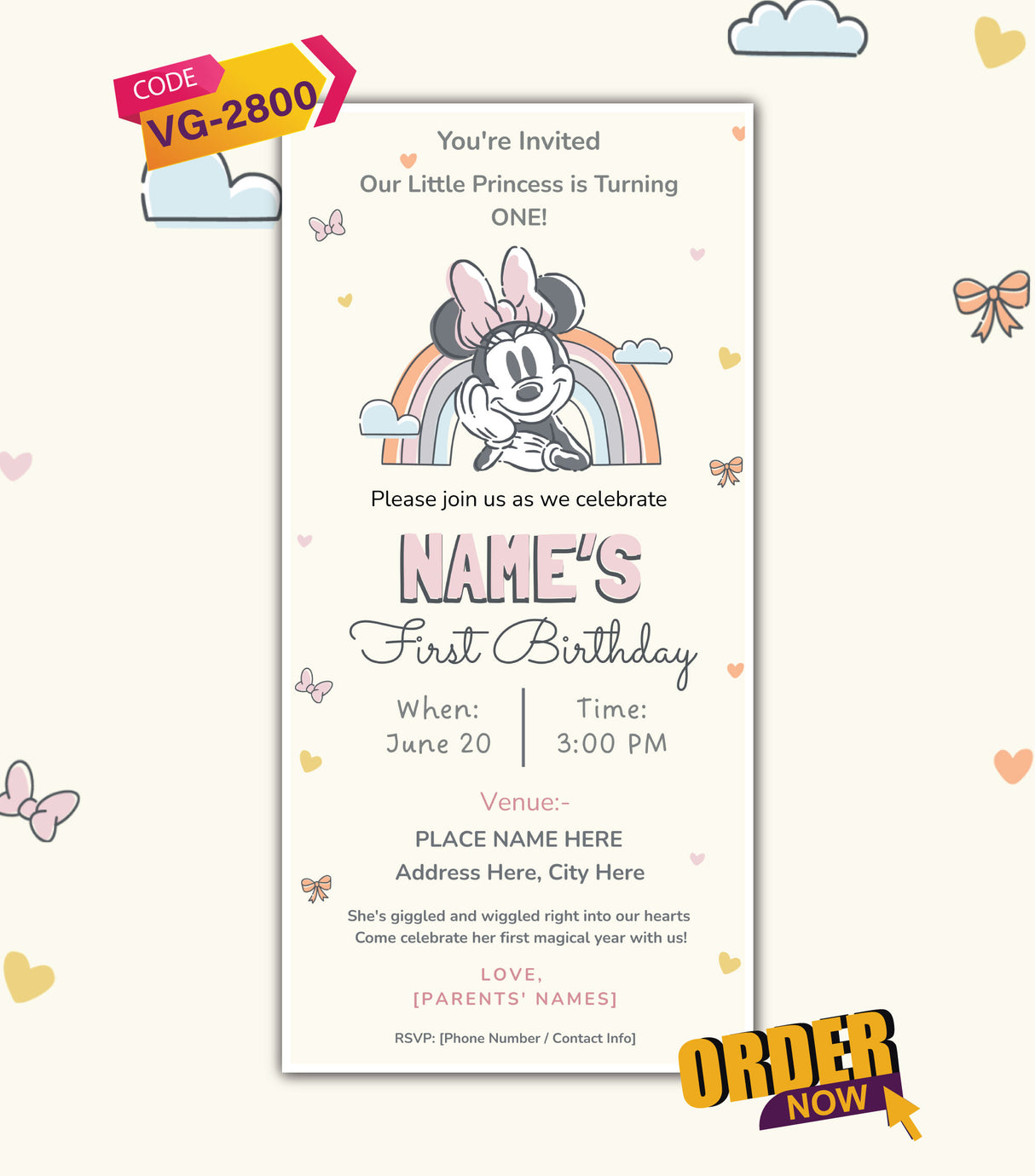Minnie Rainbow Theme Birthday Invitation