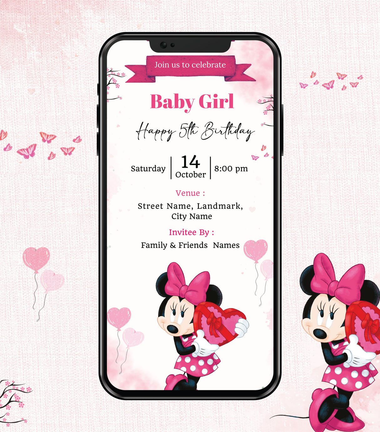 Minnie Theme Birthday Invitation Card