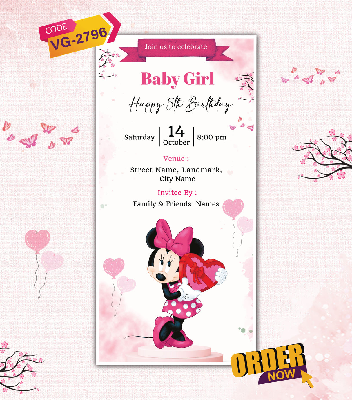 Minnie Theme Birthday Invitation Card