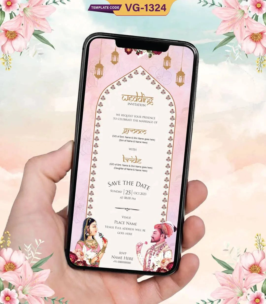 Mughal Theme Wedding Invitation Card | VG-1324 - VideoGiri