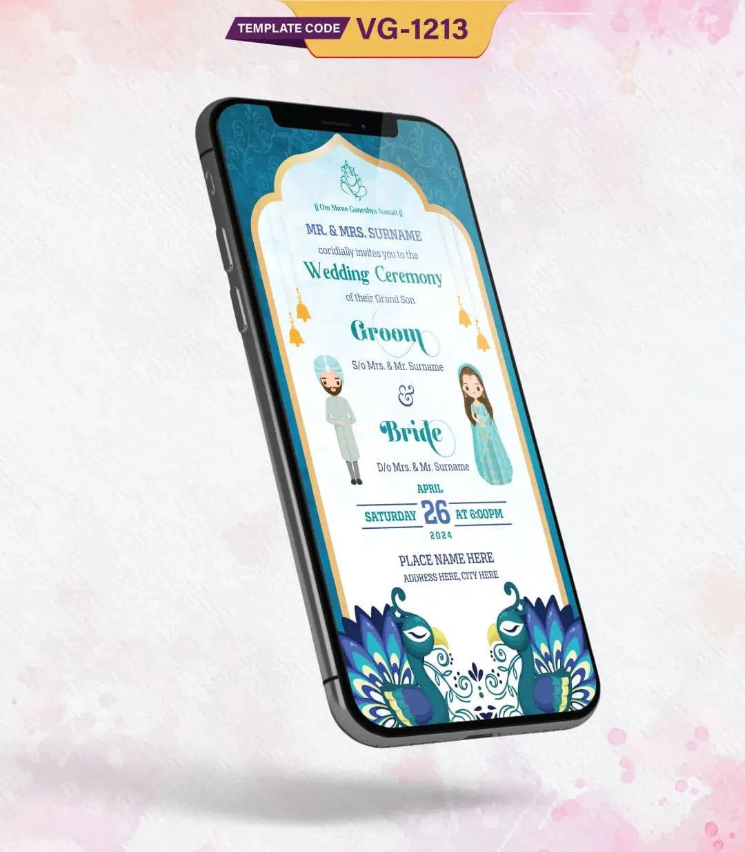 Peacock Theme Punjabi Wedding Invitation Card