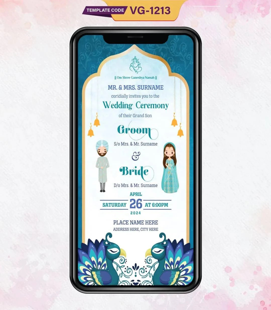 Peacock Theme Punjabi Wedding Invitation Card