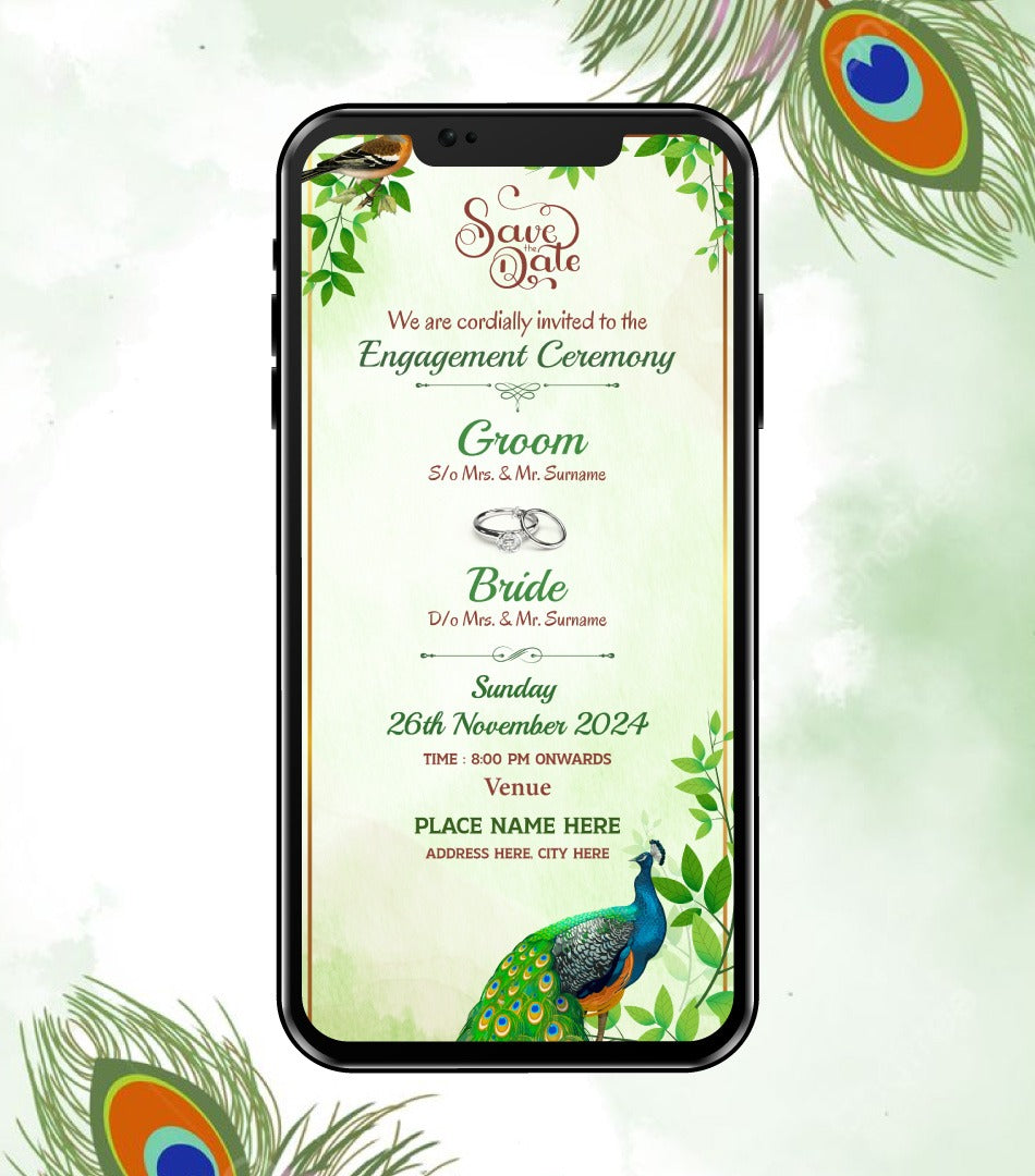 Peacock Theme Engagement Invitation Card