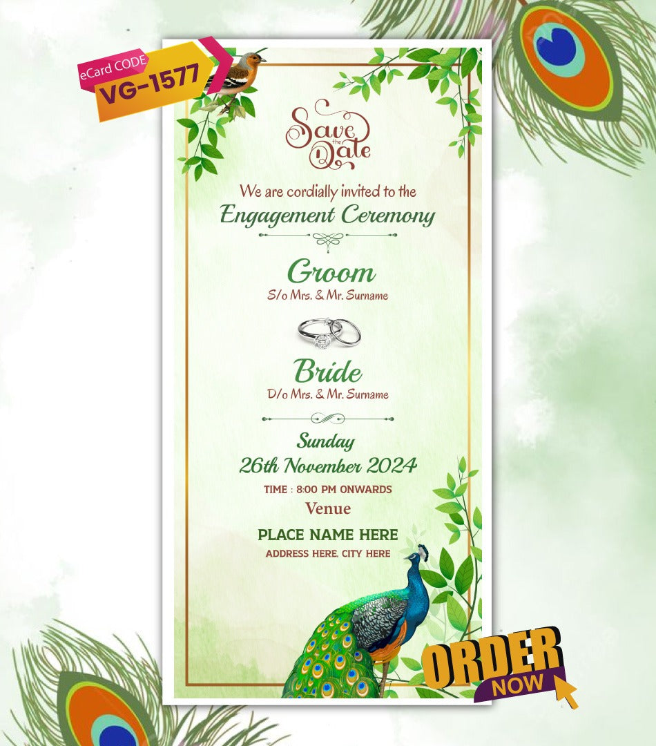Peacock Theme Engagement Invitation Card