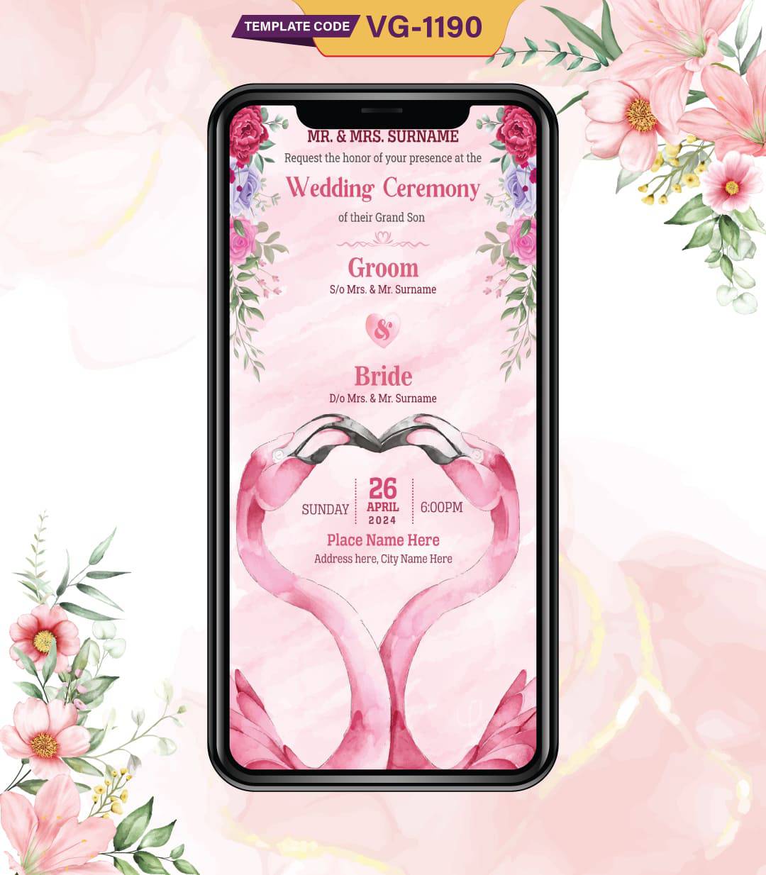 Pink Flamingo Wedding Invitation Card