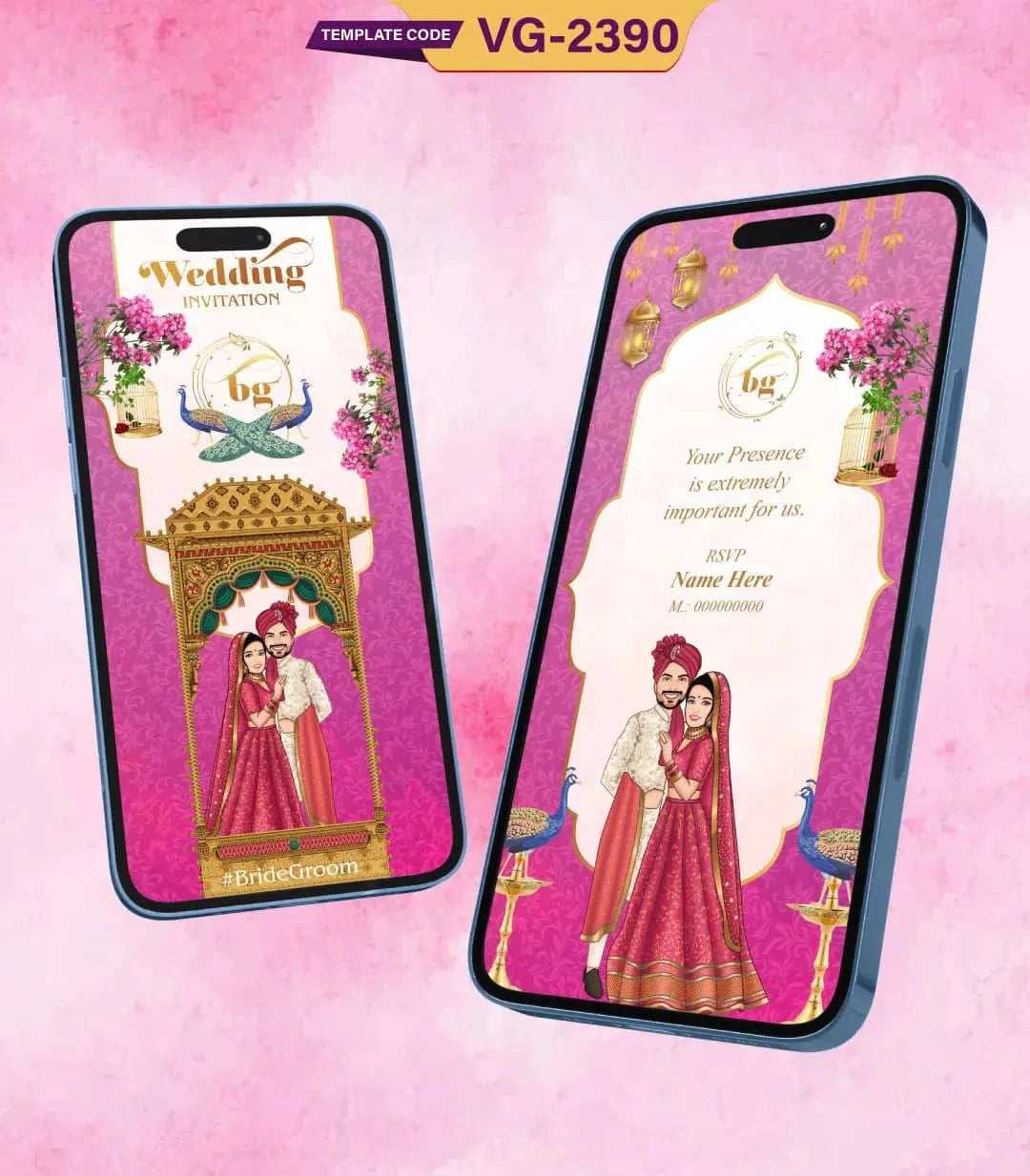 Pink Theme Caricature Wedding Invitation Card