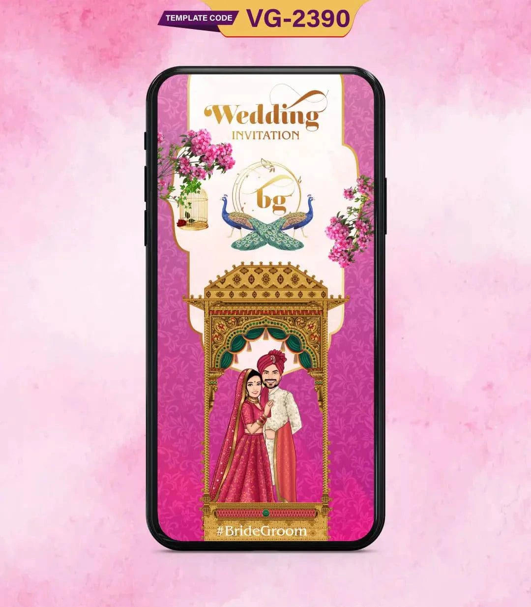 Pink Theme Caricature Wedding Invitation Card