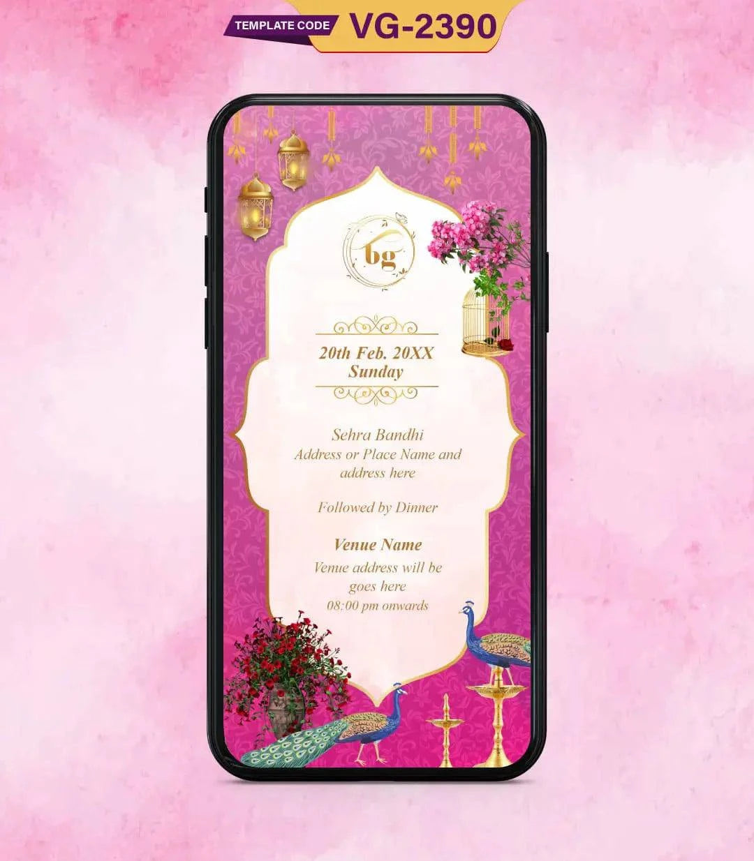 Pink Theme Caricature Wedding Invitation Card