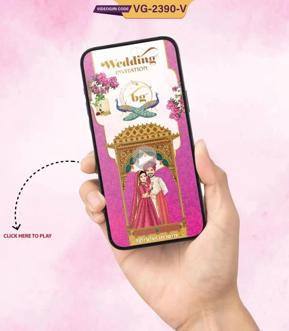 Pink Theme Caricature Wedding Invitation Card