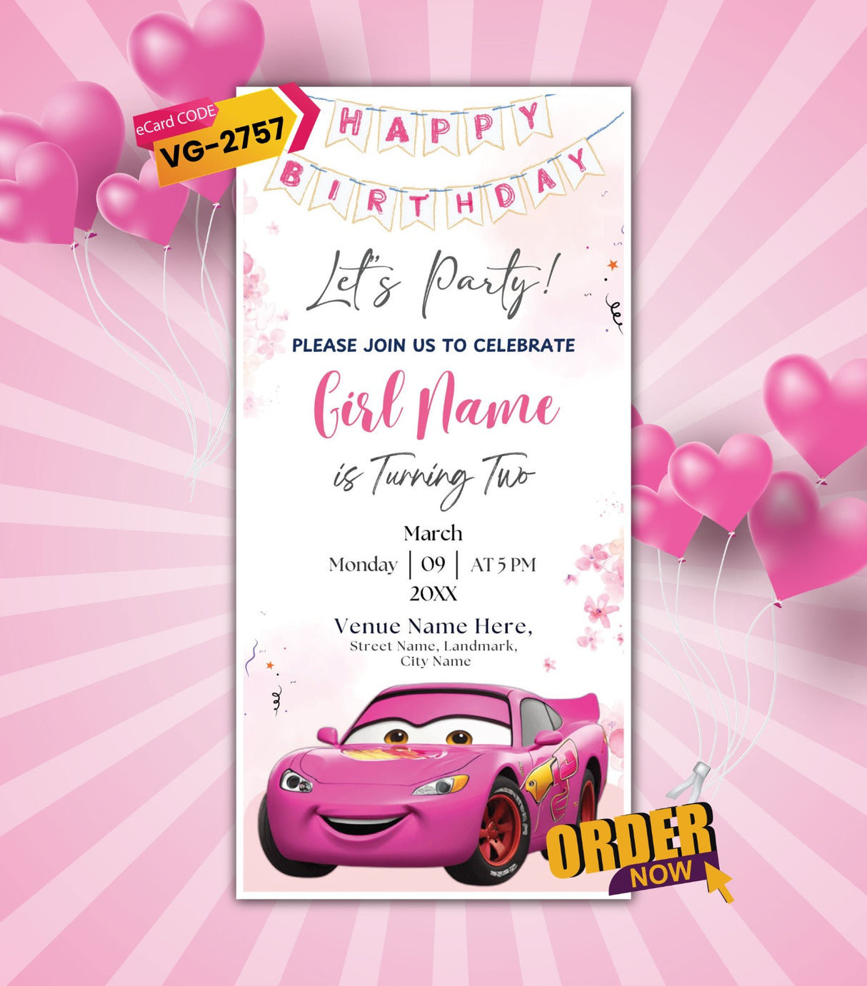 Pink Race Car Birthday Party Invitation