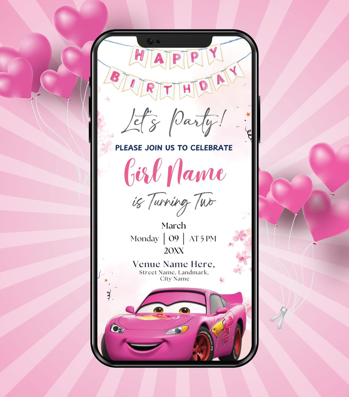 Pink Race Car Birthday Party Invitation