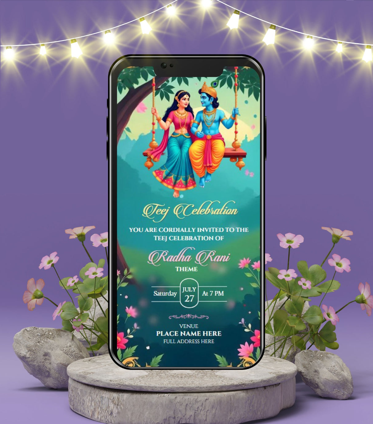 Radha-Krishna Theme Teej Celebration Invitation Card