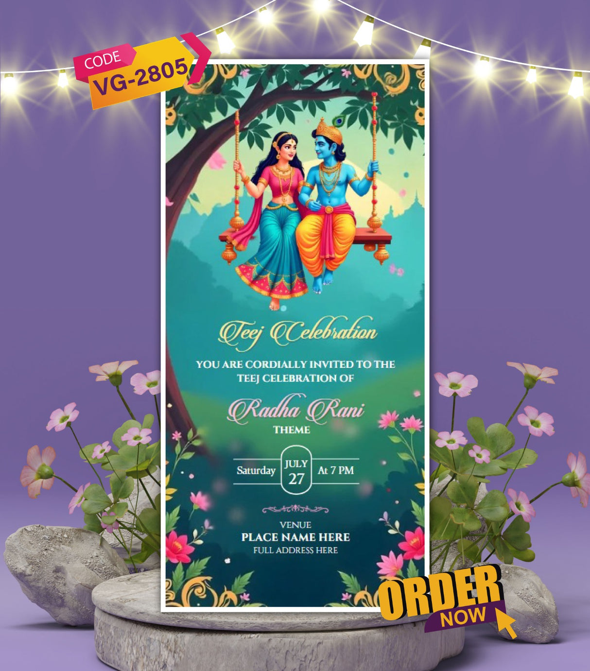 Radha-Krishna Theme Teej Celebration Invitation Card | Vibrant Swing Teej E-Invite | VG-2805 - VideoGiri