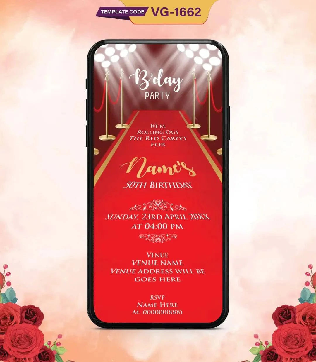 Red Carpet 50th Birthday Invitation Card