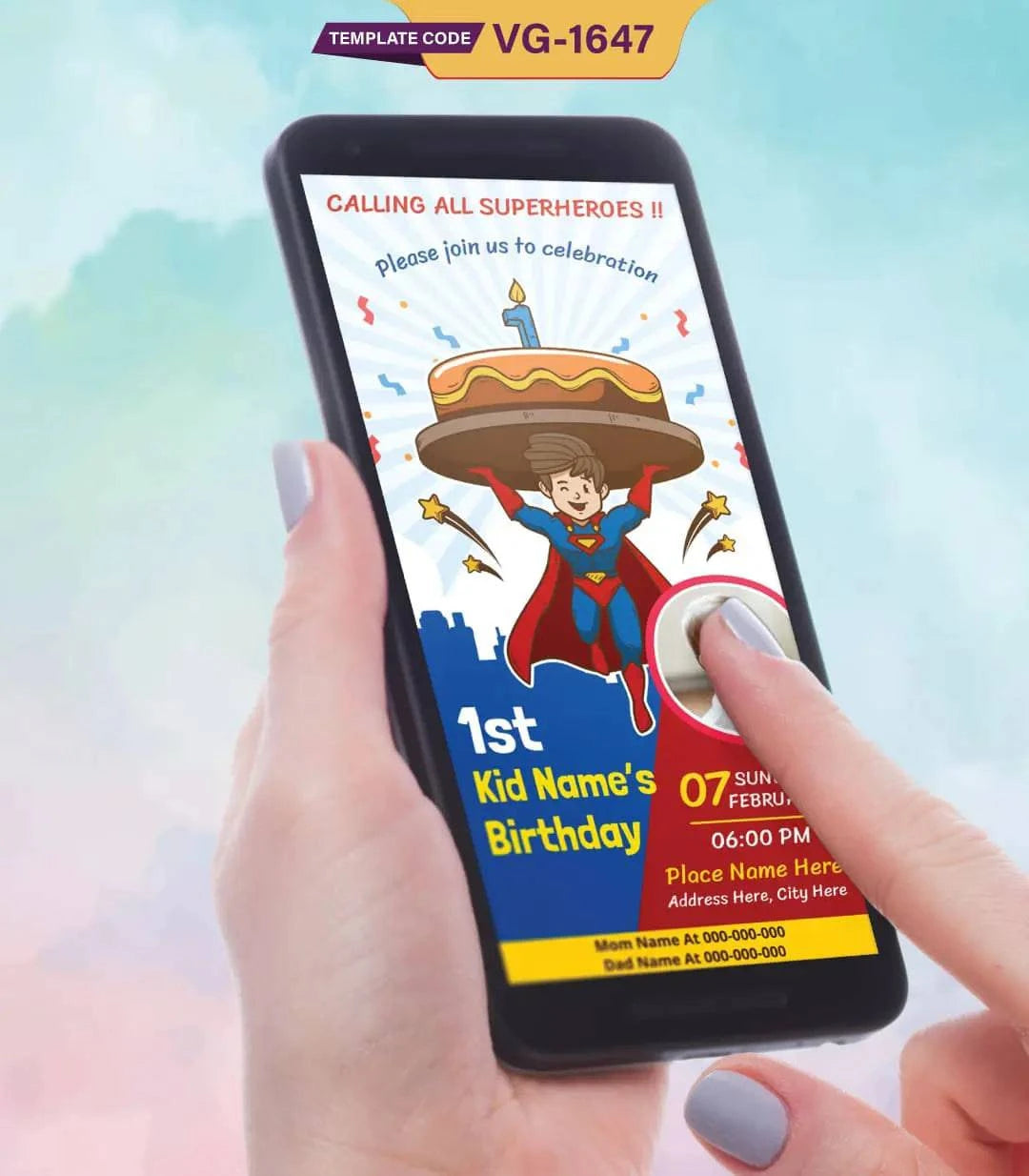 Superman Theme 1st Birthday Party Invitation Card