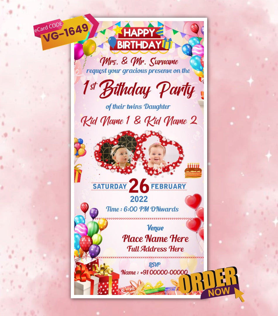 Twins' Daughter First Birthday Invitation Card