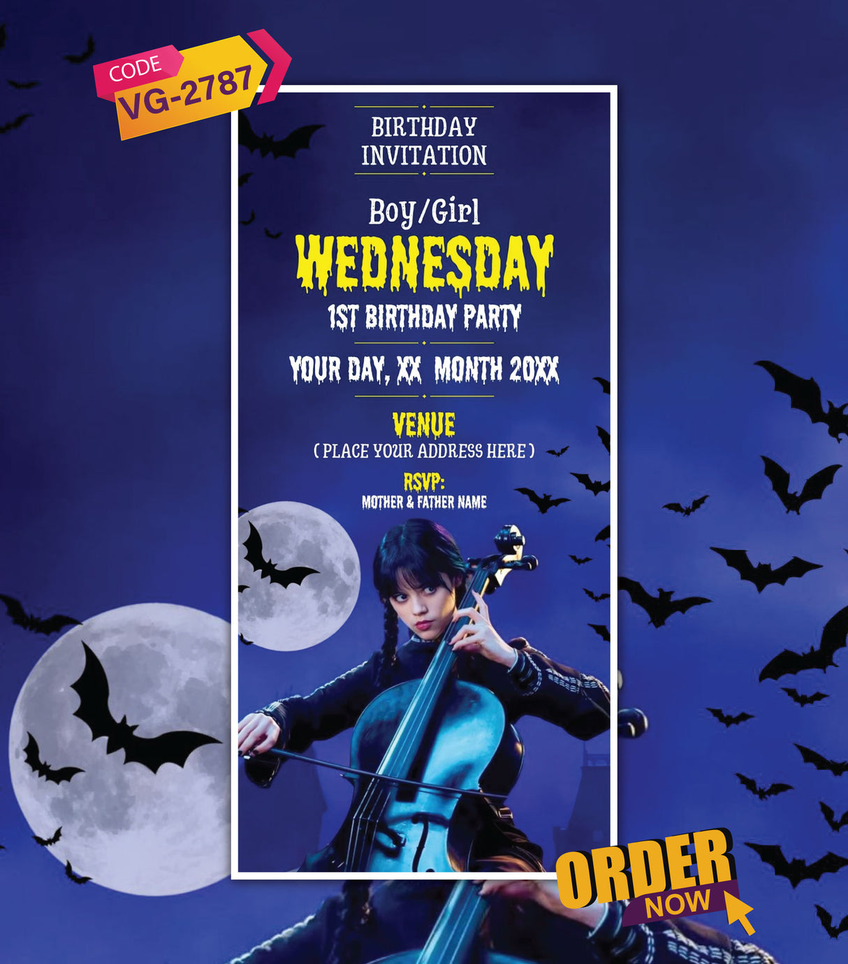 Wednesday Addams 1st Birthday Invitation Card | Spooky Dark Theme E-Invite | VG-2787