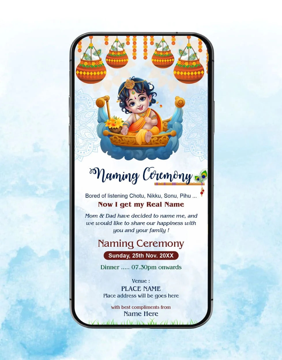 Baby Krishna Naming Invitation Card