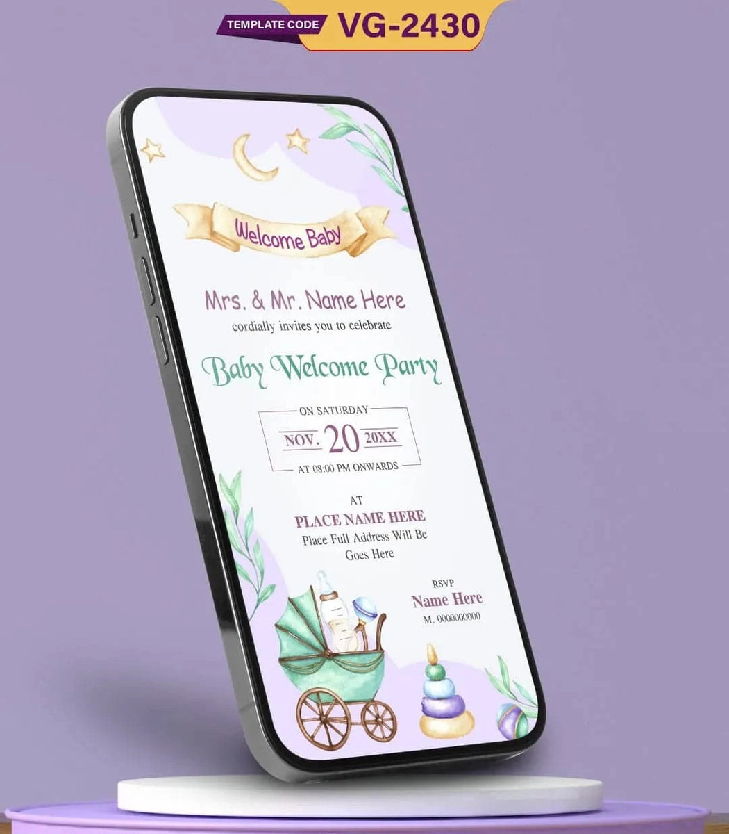 Pastel-Themed Baby Welcome Party Invitation | Cute Pram Digital Card ...