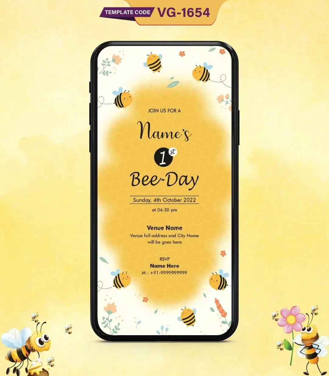 Bee Theme 1st Birthday Invitation Card 