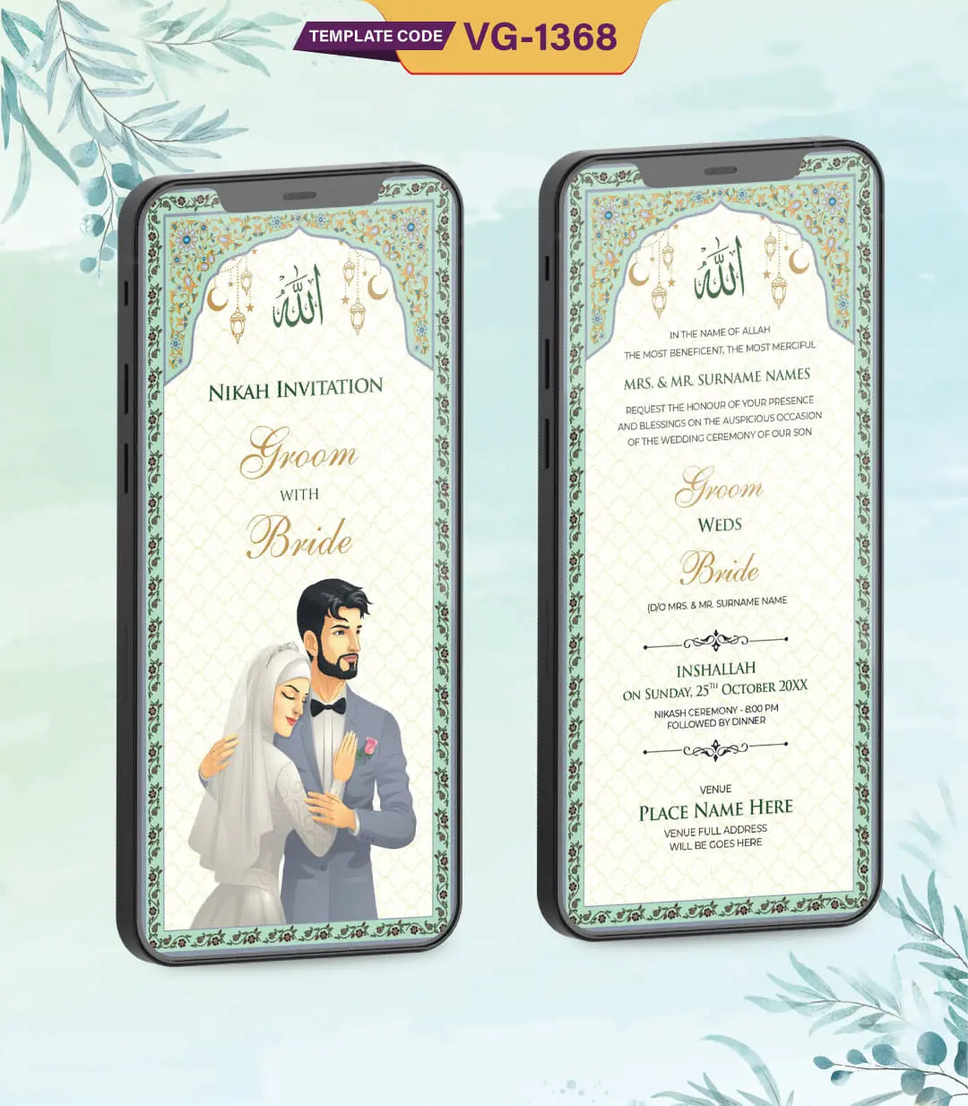 Caricature Muslim Wedding Invitation Pdf Card | VG-1368