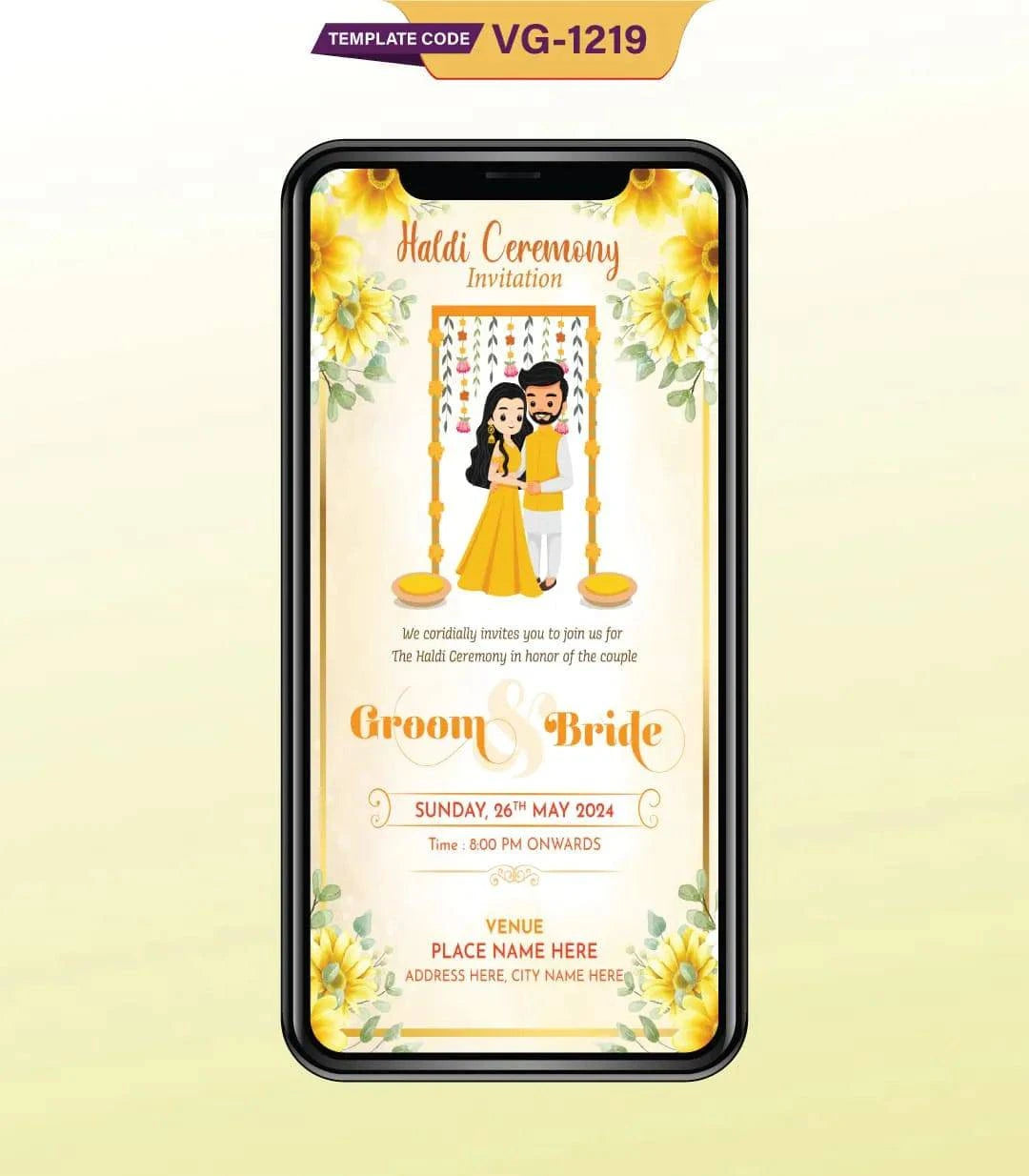 Cartoon Floral Haldi Ceremony Invitation Card