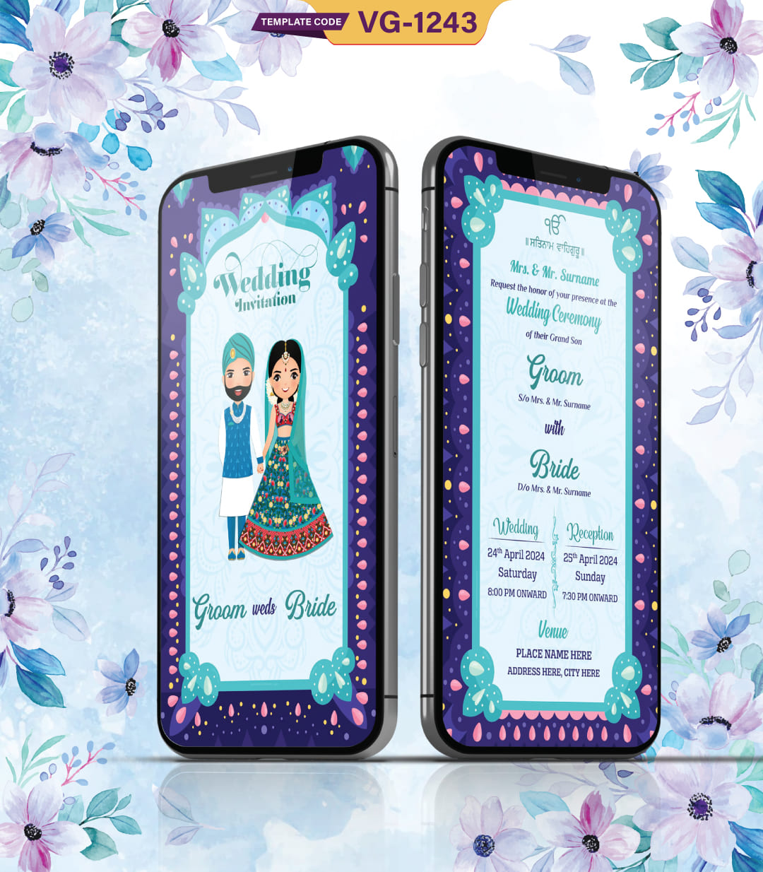 Couple Cartoon Punjabi Wedding Invitation Card