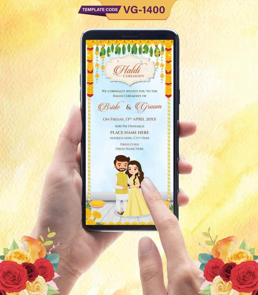 Cute Indian Couple Haldi Ceremony Invitation Card | VG-1400 - VideoGiri