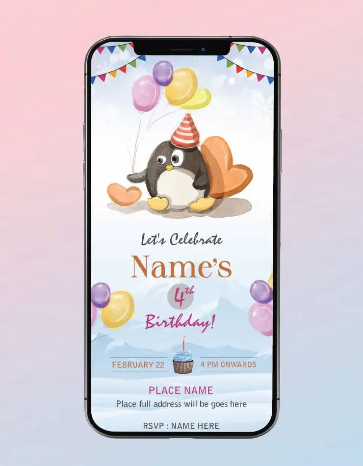 Cute Penguin Birthday Invitation Card 